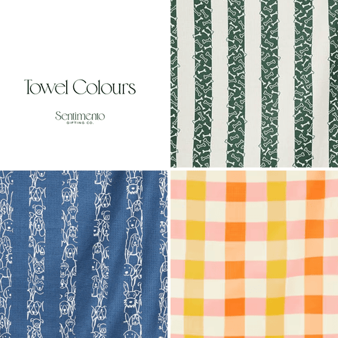 Collection of towel patterns including stripes and checkered designs with 'Towel Colours' branding.