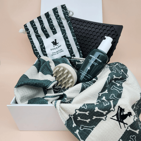 Pet care product set with a green towel, brush, dog shampoo and lick mat displayed in a  gift box 