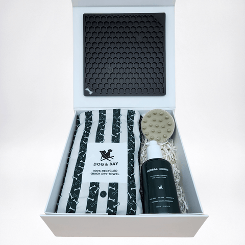 Dog grooming kit with towel, brush, lick mat and shampoo & conditioner in a box. Flat lay pamper pup hamper.