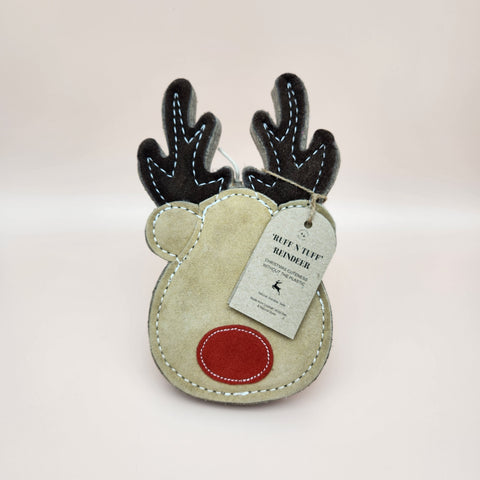 Detail shot of the Conscious Pet Co. reindeer play toy included in the Sentimento Dog Gift Box.