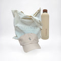 Set of beige cap, tote bag, and water bottle with 'Sentimento Gifting Co' branding on a white background.